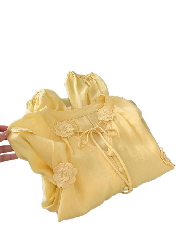 黄色のシャツ女性の重工業立体花気質 2025 夏の新しい多用途トレンディな薄いファッショナブルなトップ|undefined