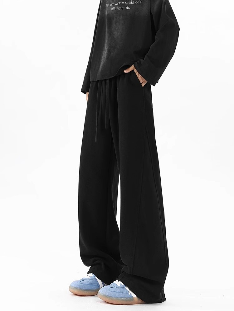 潮倫布製の湾曲したカッタウェイパンツ、メンズ春秋用裏起毛ワイドレッグパンツ、ゆったりとしたメンズカジュアルパンツ、大きいサイズのスポーツメンズパンツ