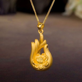 Gold-Plated Lotus Buddha Hand Fortune Pendant Necklace for Women Live New Three-Dimensional Pendant Necklace Blessing Longevity Auspicious Gift Collection Jewelry