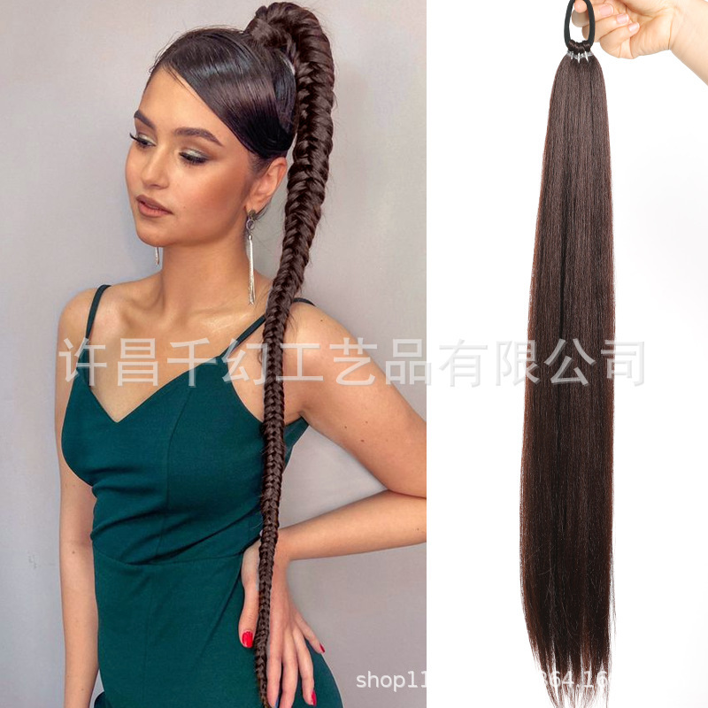 Foreign Trade European and American Wig 28inch Long Straight Ponytail Natural Hairstyle Change Yak Silk Wrapped High Ponytail