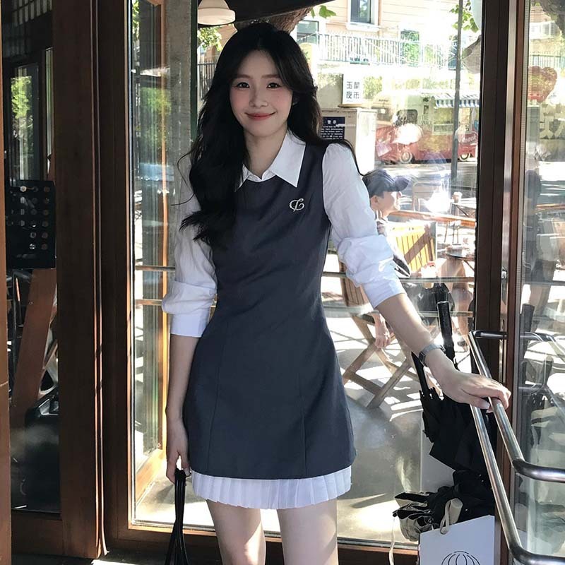 韩系拼接假两件长袖衬衫连衣裙女秋季修身显瘦收腰气质通勤短裙子|undefined