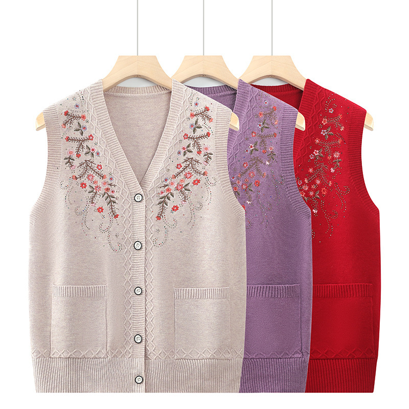 Middle-aged and elderly knitted spring and autumn warm vest grandma sweater vest cardigan casual women's waistcoat sleeveless top