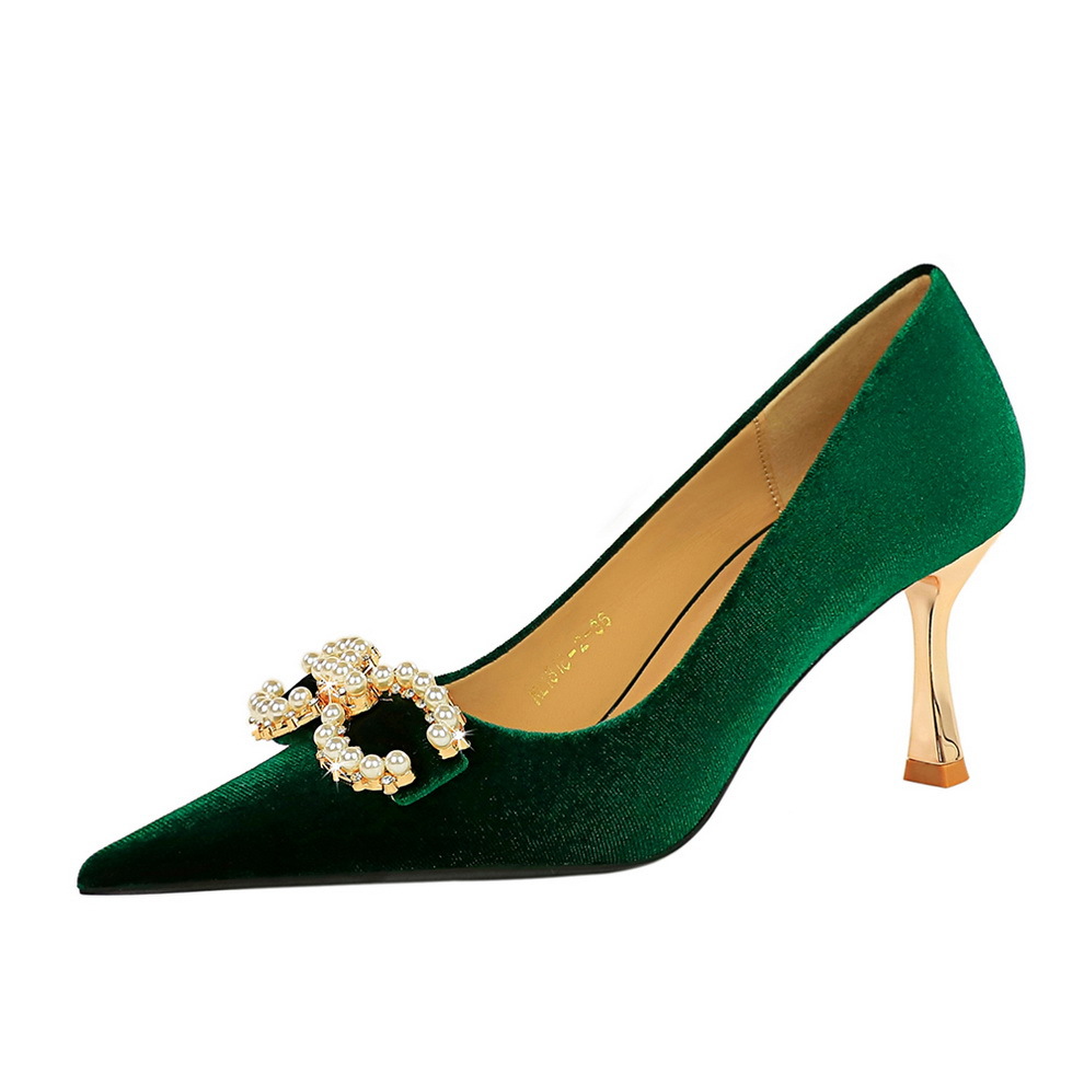 1818-K79 Banquet High Heels Korean Style Women's Xishi Velvet Shallow Mouth Pointed Toe Metal Pearl Rhinestone Buckle_vogvips.com