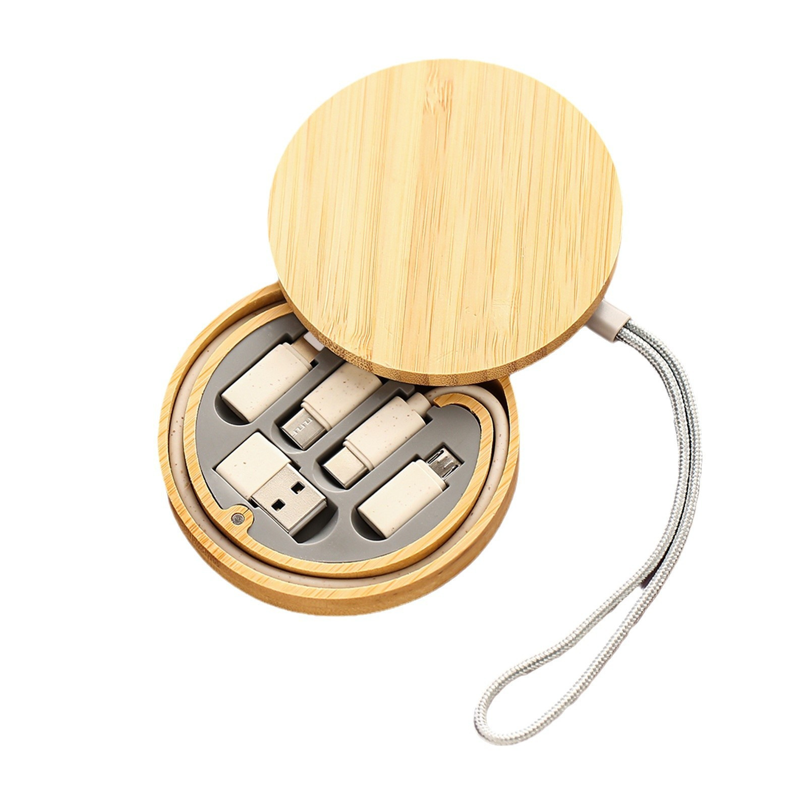 Cable de datos de paja de trigo 6 en 1 caja de almacenamiento de bambú y madera de carga rápida ecológica 60W cable de carga multifuncional