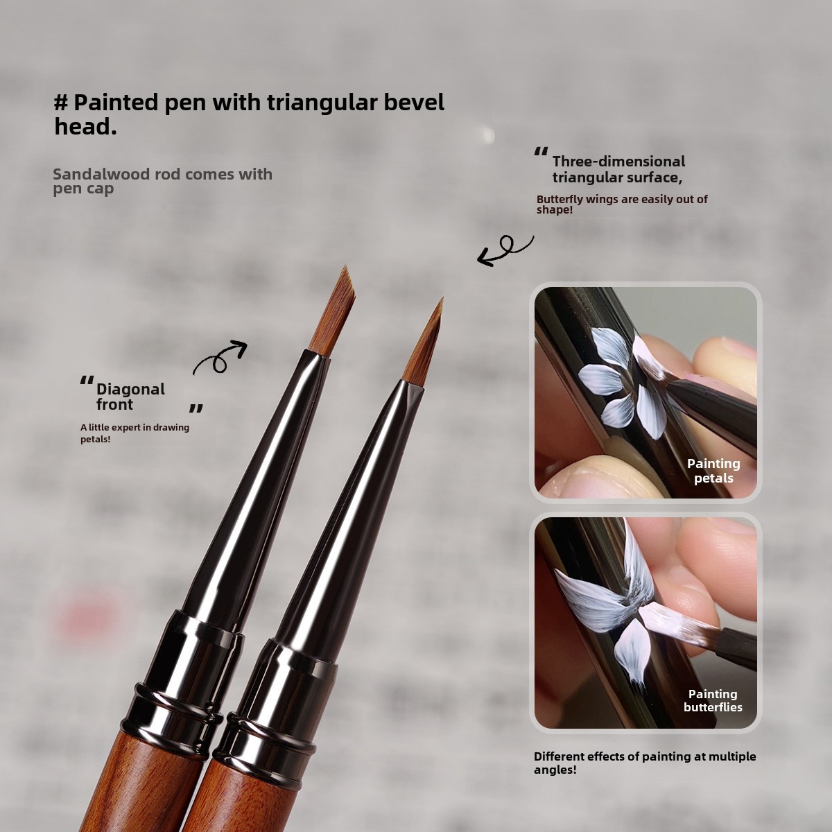 Nail Pen Sandalwood Rod with Cover Triangle Pen Painted Stroke Butterfly Painted Petal Leaves Embossed Pen Nail Tools