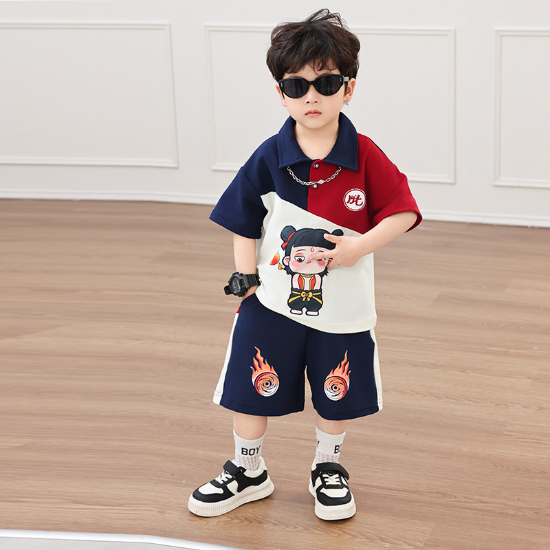 7201 Nezha verano niños dibujos animados POLO camisa pantalones cortos de manga corta para niños 2025 nueva ropa deportiva para bebés