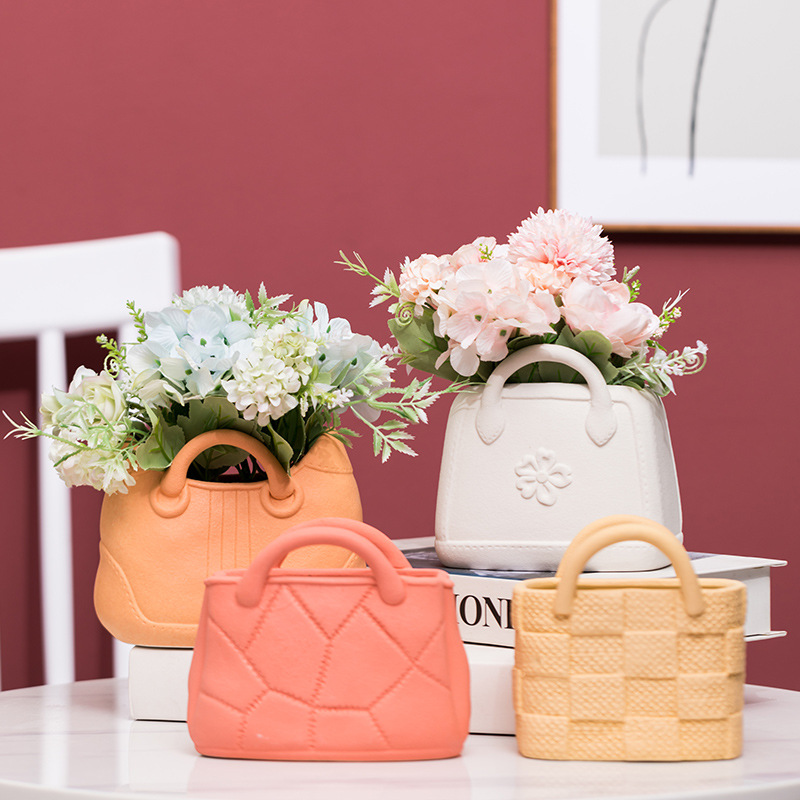 Nordic Style Bag Vase Cyber Celebrity Hand-held Basket Ornaments Creative Light Luxury Living Room Hydrating Artificial Flower Flower Ornaments