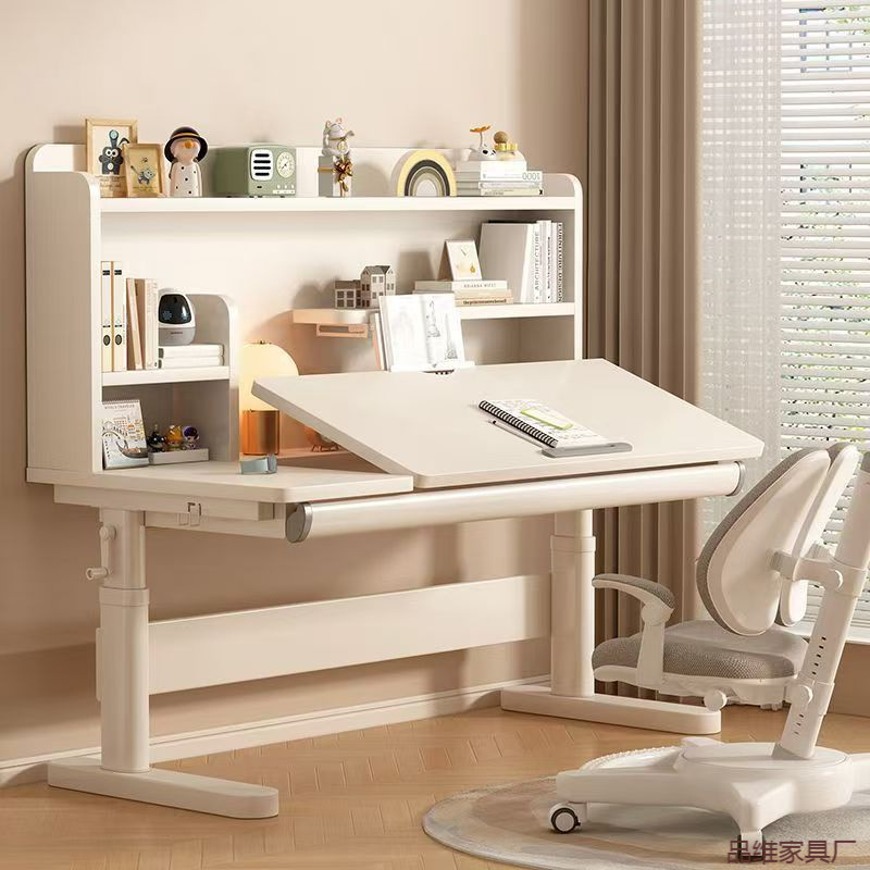Solid Wood Children's Study Table Primary School Students Home Writing Desk and Chair Set Desktop Angle Adjustable Height Can Be Lifted