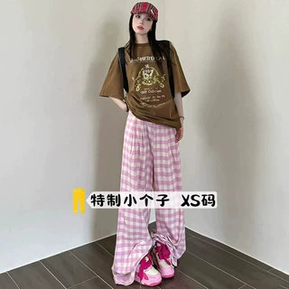 145甜美风粉色格子裤子女夏季150高腰宽松山本裤休闲阔腿直筒裤xs