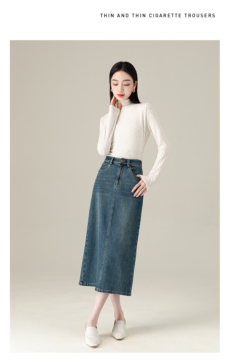 Chân váy jean nữ xẻ tà màu xanh cổ điển cạp cao dáng dài — Màu xanh lam chi tiết 18