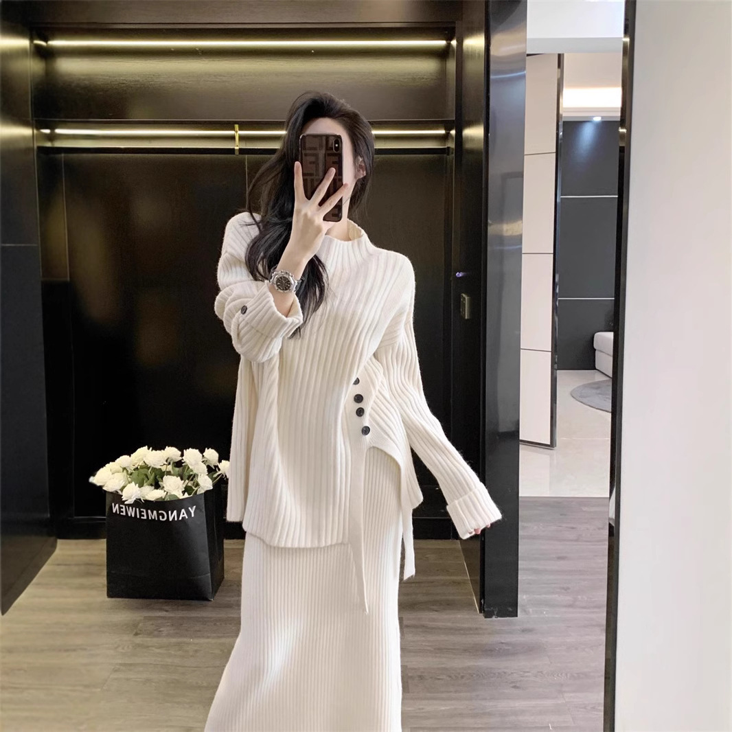 跨境套装女2024秋冬新款侧开叉纽扣针织衫+高腰垂感半身裙两件套