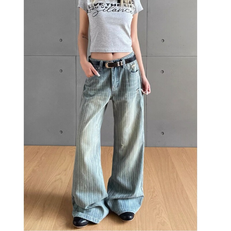 American Retro Washed Striped Jeans for Women, Summer Flared Slim Ripped Pants, American High Street Washed Harajuku