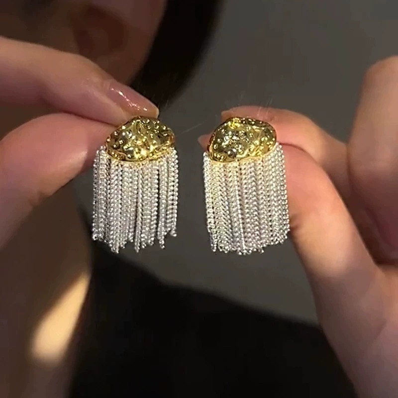 Европейские и американские 14K настоящие золотые гальванические легкие и экстравагантные металлические блоки с бахромой серьги