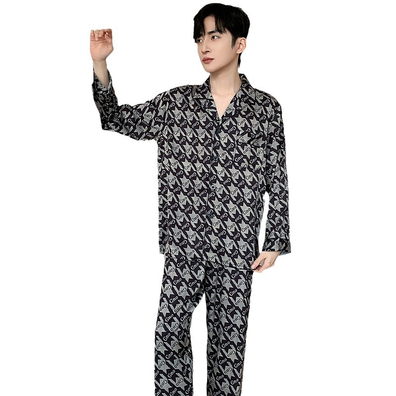 (2개) 봄, 가을 남성용 잠옷, 아이스 실크 긴팔 바지, 남성용 가을 가디건, 심플한 캐주얼 라펠 홈웨어 슈트