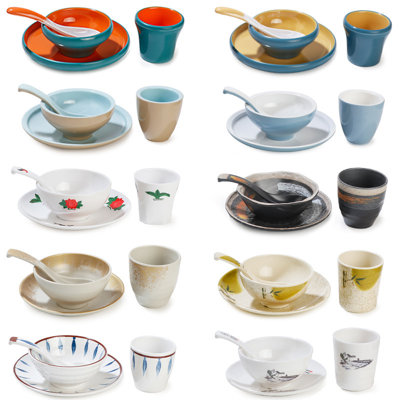 Melamine Chinese tableware four-piece set bowl dish spoon hot pot restaurant hotel barbecue shop Commercial Bowl plate table suit wholesale