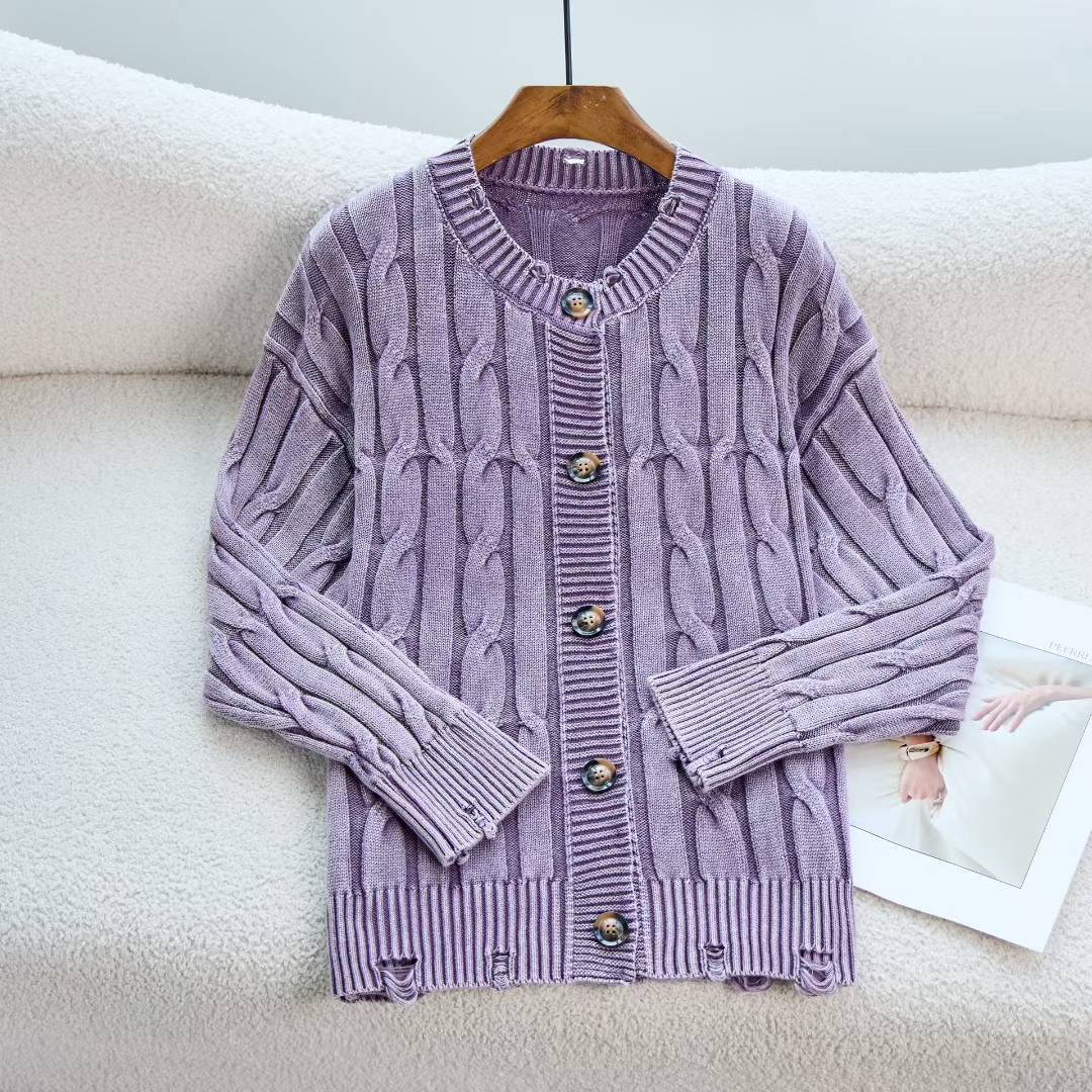 Coreano retro cuello redondo torcido de camisa de punto de mujer otoño y invierno nuevo estilo para hacer viejos agujeros suéter suelto chaqueta de mujer image 10