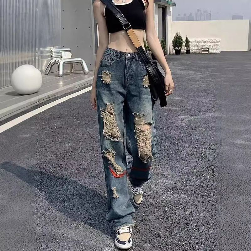 Ripped Jeans Women's High Waist Loose Wide Leg Straight New Beggar Personalized High Street Design Sense Niche Spring and Summer Ripped Jeans Women's High Waist Loose Wide Leg Straight New Beggar Personalized High Street Design Sense Niche Spring and Summer