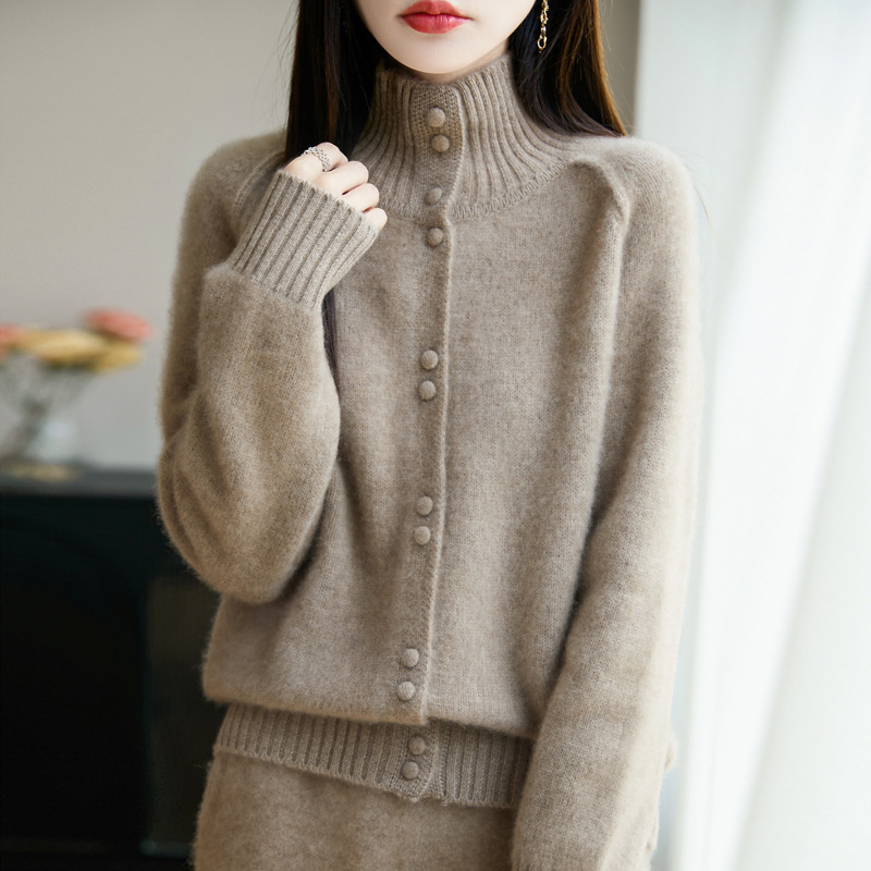 Autumn and Winter New High-Neck Knitted Wool Cardigan Women's Loose Long-Sleeved Sweater Women's High-End Jacket Top