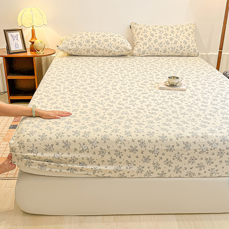 Thickened Soft Cotton Printed Single Fitted Sheet Floral Floral Home Bedroom Anti-Slip Bed Cover Three-Piece Mattress Protector