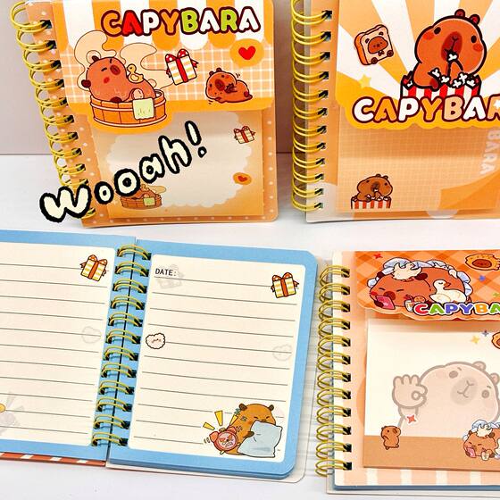 Kapibala Coil Book A7 Horizontal Line Capybara Small Notebook with Post-it Notes suit Book Stationery Student Supplies