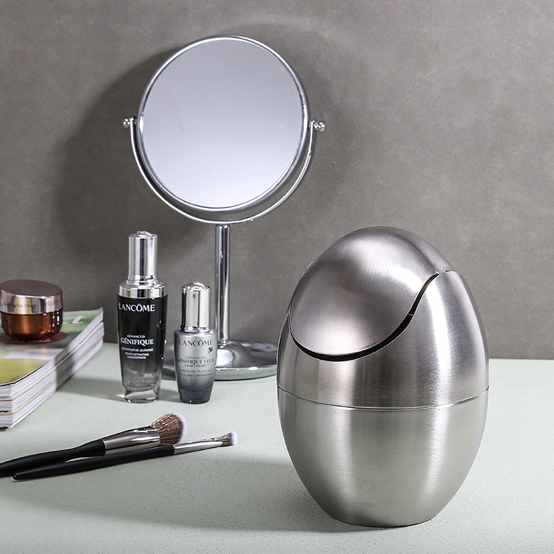 Wholesale Stainless Steel Household High-Value Trash Can with Lid Egg-Shaped Storage Bucket Desktop Flip-Top Garbage Light Luxury Paper Basket