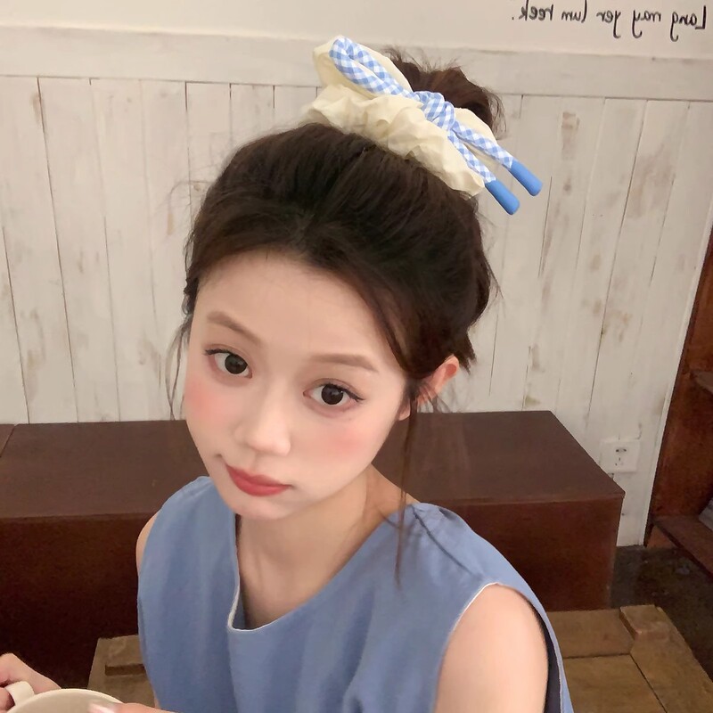 女子大生！ピンクとブルーのチェック柄の結び目リボン、おなかの輪、ヘアロープ、ふわふわ雲のヘアゴム、ヘッドバンド、ボールヘアゴム|undefined