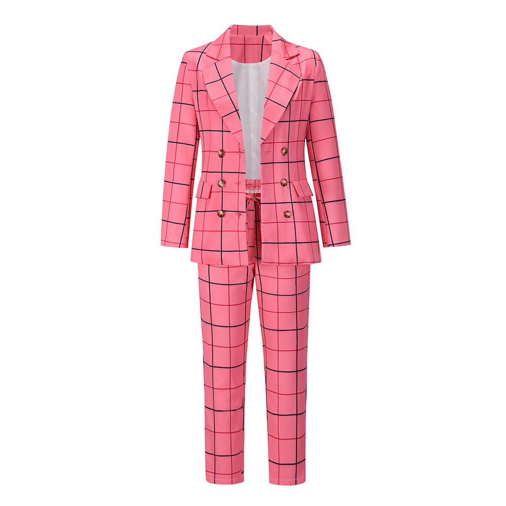 Women Two-piece Autumn And Winter Plaid Suit With Tie Pants