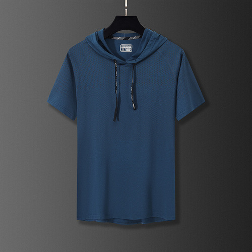 Summer men's quick-drying short-sleeved hooded T-shirt sports fitness clothing high-elastic running training half-sleeved T-shirt 9027