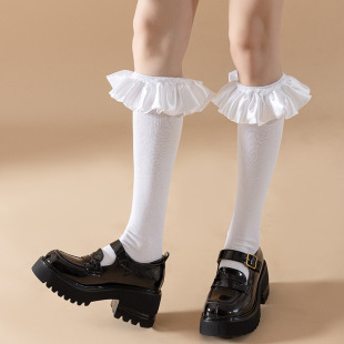 White lolita Satin Lace Calf Women's Autumn and Winter Japanese Style Cute Soft Girl French Bubble High Stockings Black and White