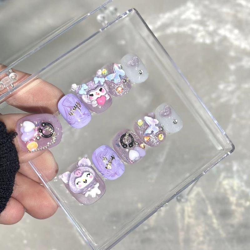 Purely Handmade Manicure Wearable Nails Purple Kuromi Cute Cartoon Detachable Nail Patches Finished Fake Nails Short Style