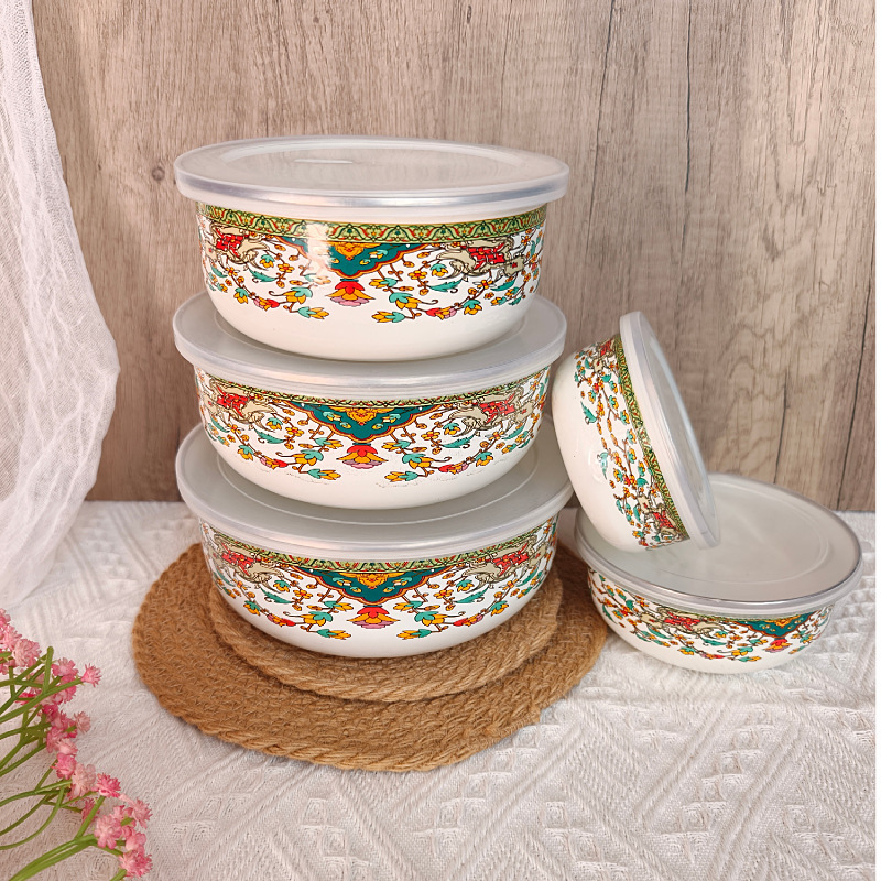 Enamel round food storage bowl with lid, enamel ice bowl five-piece set, thickened sealed food storage container, refrigerator food storage bowl Enamel round food storage bowl with lid, enamel ice bowl five-piece set, thickened sealed food storage container, refrigerator food storage bowl