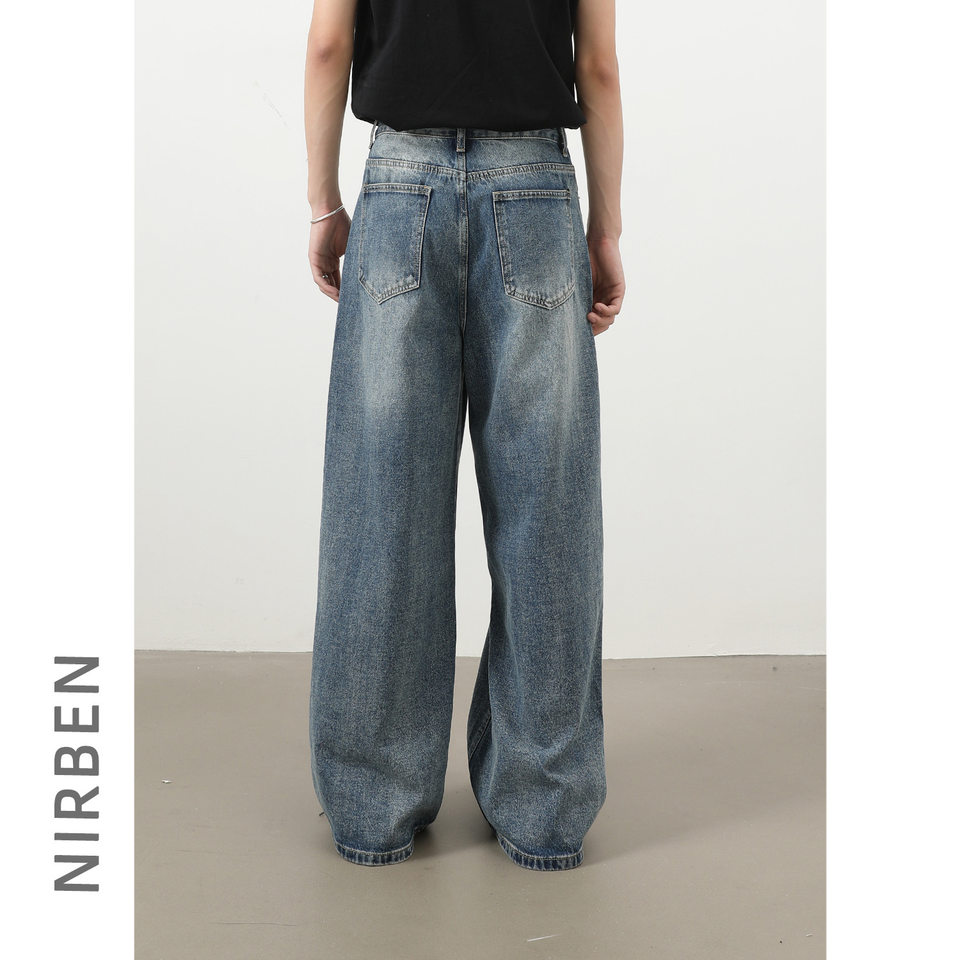 Quần jeans nam ống rộng phong cách Hàn Quốc đơn giản cơ bản đi làm đa năng — màu xanh