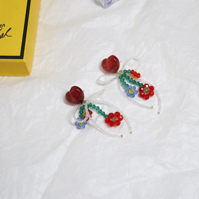 Fashion New Heart-shaped Red Flower Bead Bow Acrylic Earrings display picture 13