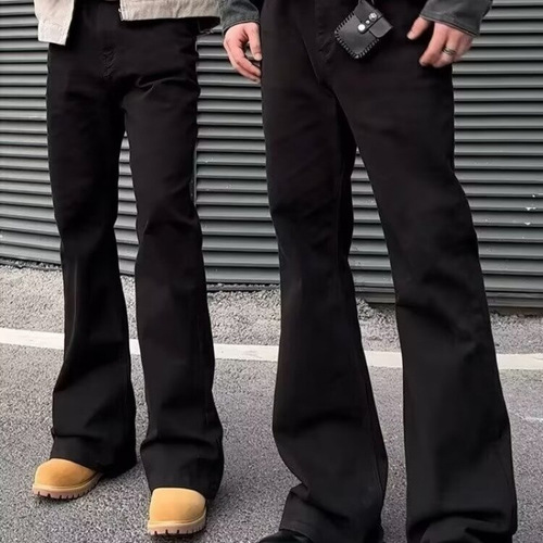 Water Washed Spring and Autumn New Micro Elastic Long Pants Regular Mid Waist Japanese Trend Black Straight Leg Pants Micro Slit Denim Men Youth