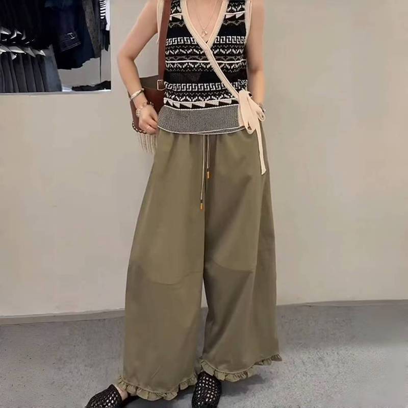 韩版复古时尚显瘦高级阔腿裤女夏款松弛慵懒宽松大摆宽松木耳花边|undefined