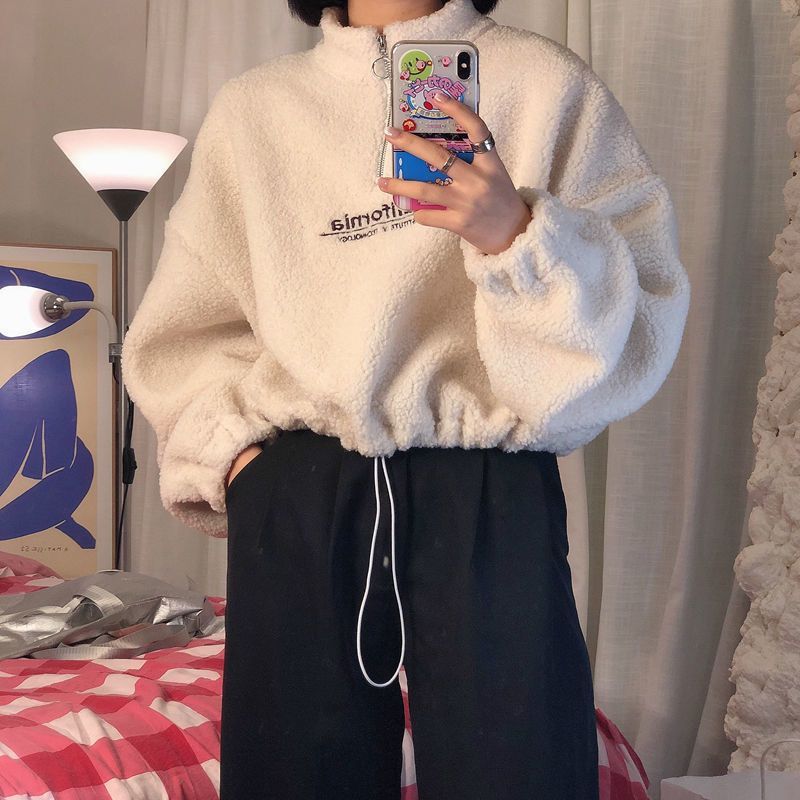 批发羊羔绒短款半高领卫衣女加绒加厚宽松秋冬拉链上衣外套潮ins|undefined