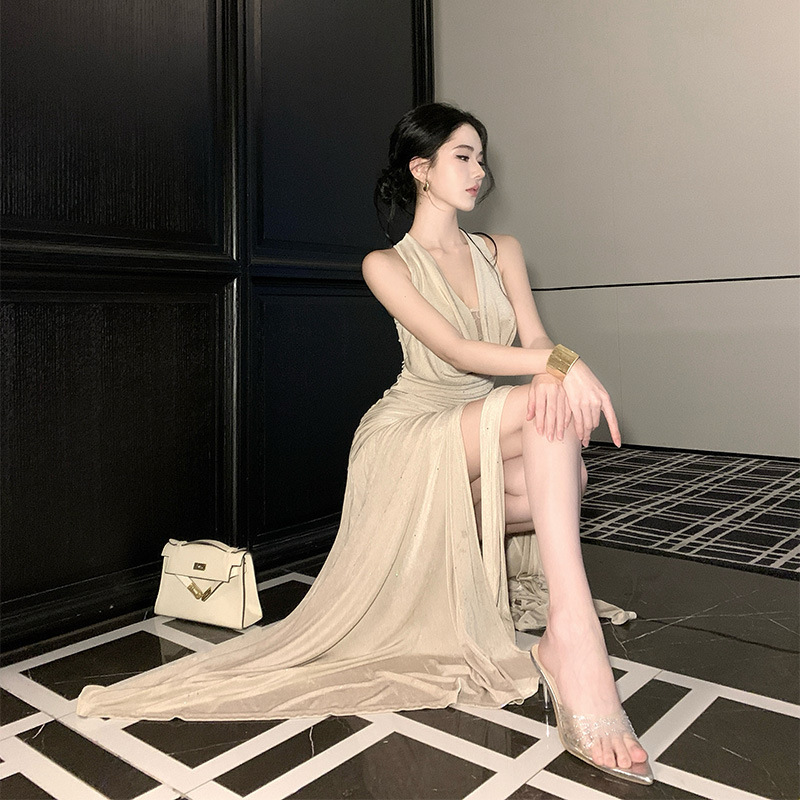 名媛气质包臀挂脖裙女蕾丝拼接荡领露背绑带连衣裙|undefined