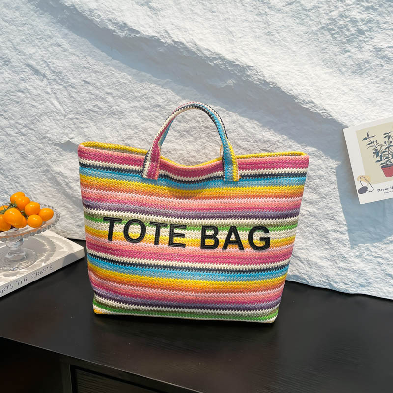 새로운 대용량 밀짚 휴대용 비치 토트 여성용 가방 대비 색상 숄더 백 대용량 줄무늬 짠 가방 다용도