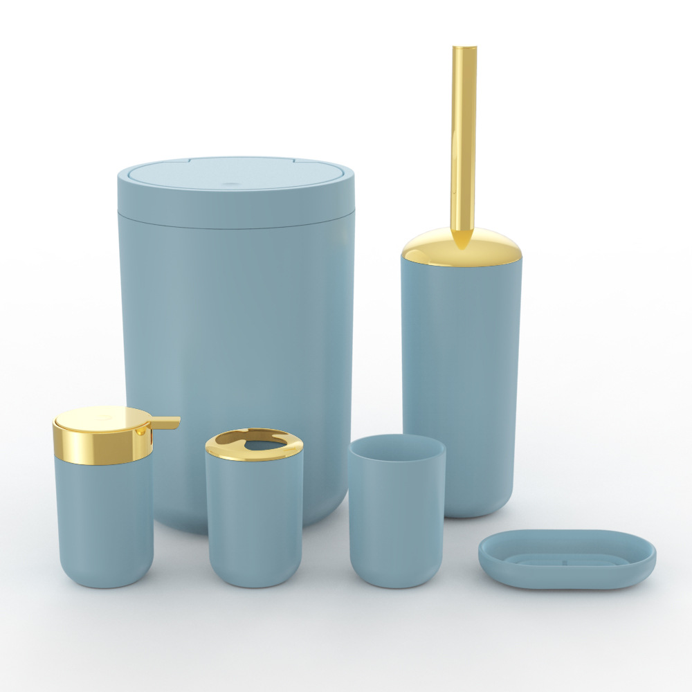 Plástico de color sólido chapado en oro seis piezas conjunto de cepillo de dientes caja de jabón cepillo de inodoro almacenamiento baño conjunto de lavado