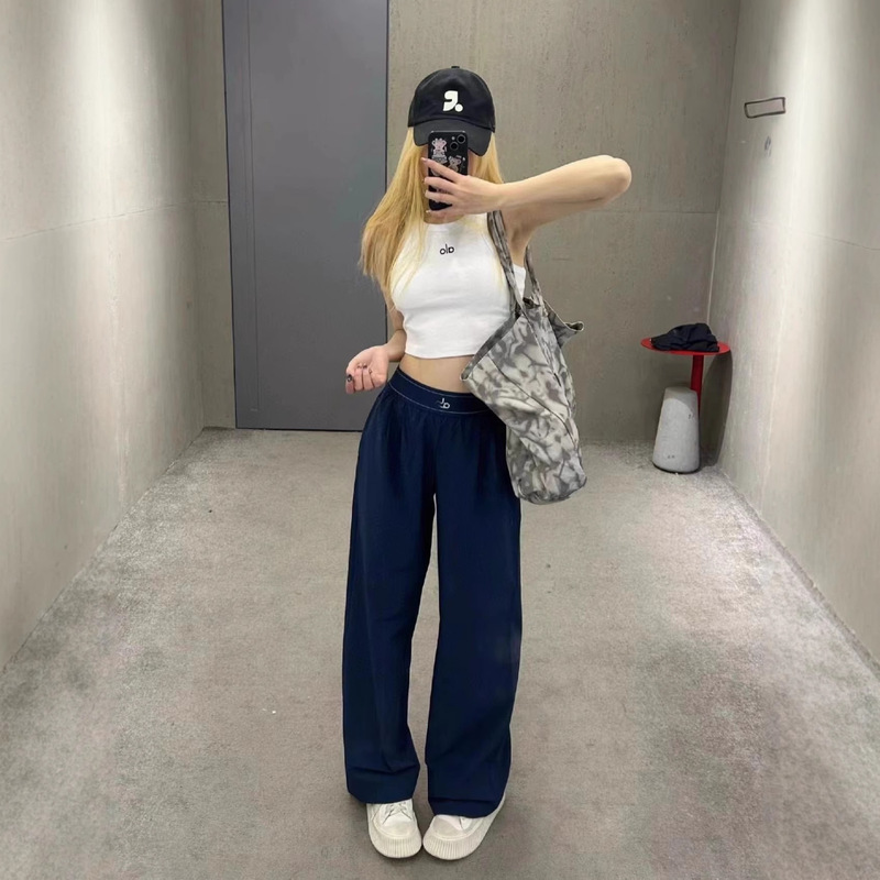 Alo High-Waisted Wide-Leg Women's Yoga Casual Straight-Leg Casual Pants with Reflective Logo Printing and Elastic Waist Weaving