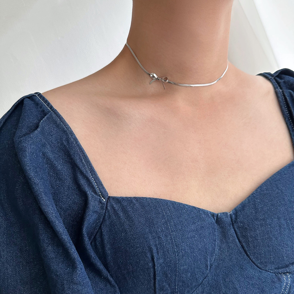 snake chain Chain Type 1 Piece Quantity PVD Coated Real Gold Plated 18K Gold Solid Color Bow Knot 304 Stainless Steel IG Style Simple Style Waterproof Non Tarnish 304 Stainless Steel Choker