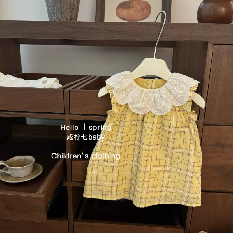 [Xianning Seven] ¡A cuadros amarillos retro franceses! Vestido de falda bordada de solapa bordada de bebé Xiaofei de moda
