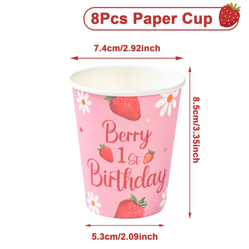 Fiesta temática de fresa chica rosa fruta cumpleaños vasos de papel desechables bandejas de papel cubiertos set decoración de mesa