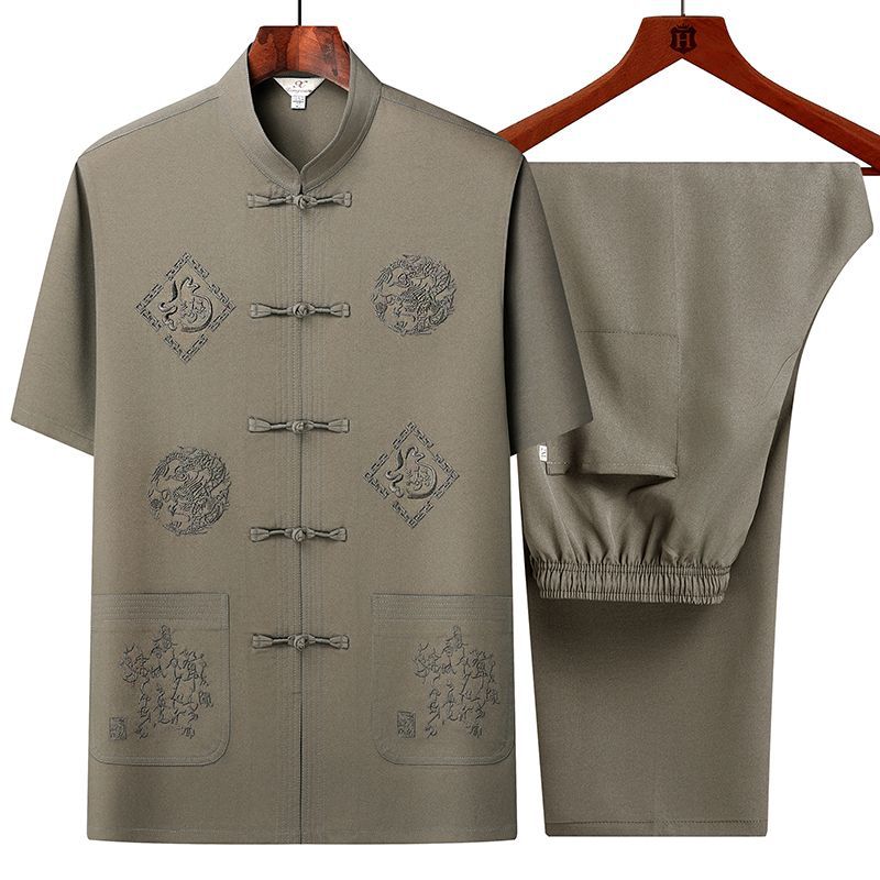 Middle-aged and Elderly Tang Suit Men's Short-sleeved suit Summer Chinese Style Hanfu Men's Dad Shirt Old Man Grandpa Clothes