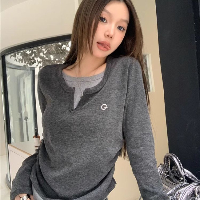 外贸新款假两件褶皱设计长袖T恤女秋冬时尚修身百搭打底上衣女T潮|undefined
