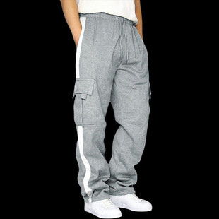 Autumn and Winter Men's fleece-lined Color-matching Loose Multi-pocket Casual Pants Casual Sports Trousers American Style Training Overalls