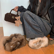 牛皮混纺长兔毛厚底拖鞋女高跟半拖鞋新款圆头水钻长毛保暖拖鞋女