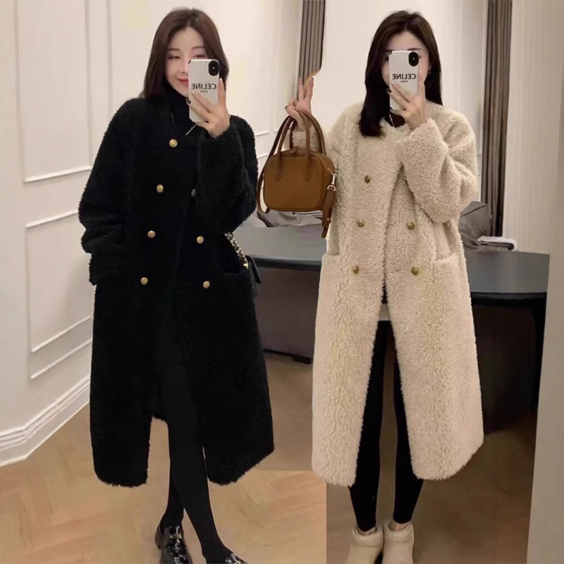 Fashionable Lamb Wool Double-Breasted Outwear for Women 2024 Winter Lazy Style Loose Fur Integrated Mid-Length Outwear