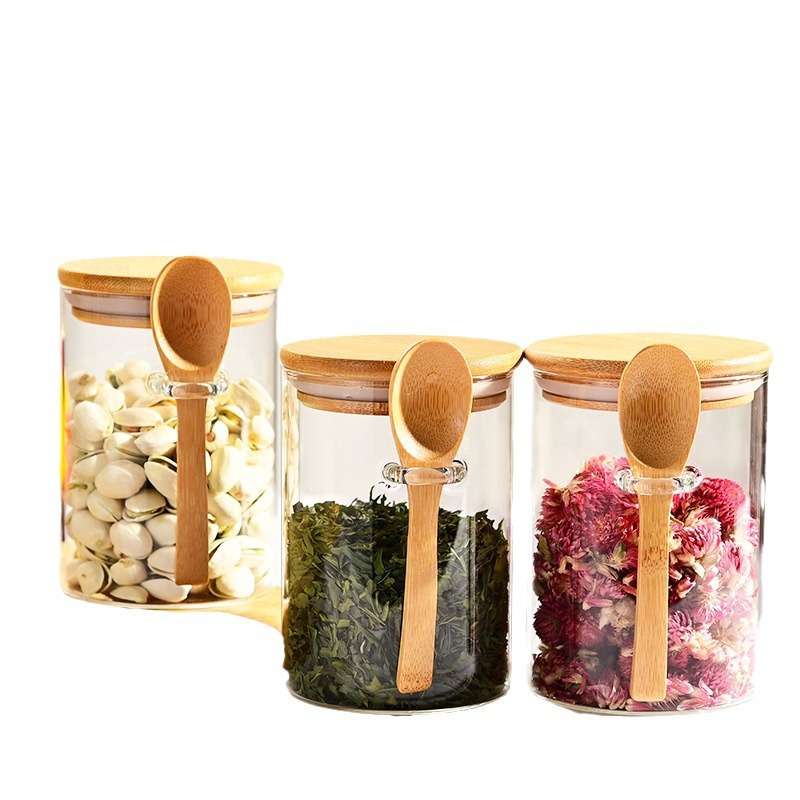 Fabricante de suministro de alta borosilicona de vidrio sellado lata de té recta frutas secas bocadillos almacenamiento de botellas de almacenamiento de dulces