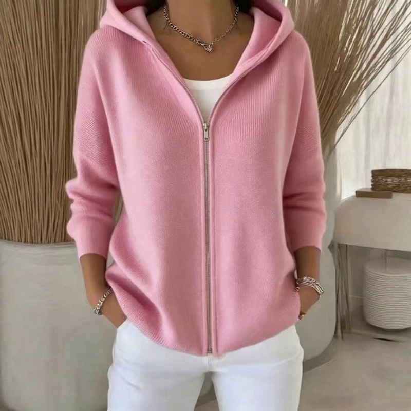2026 European and American Style Zip-Up Knitted Hooded Sweater Cardigan Jacket Autumn and Winter New Cross-Border Solid Color Casual Fashion Women's Clothing